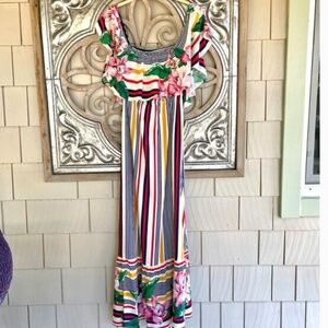 Maxi Off the Shoulder Beach or Garden Party Dress with Tropical Prints - Size S